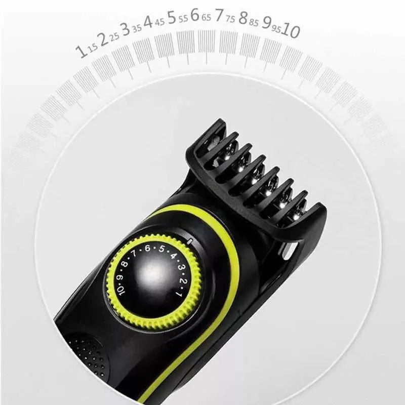 Black rechargeable electric hair clipper set with USB cable and stainless steel blade