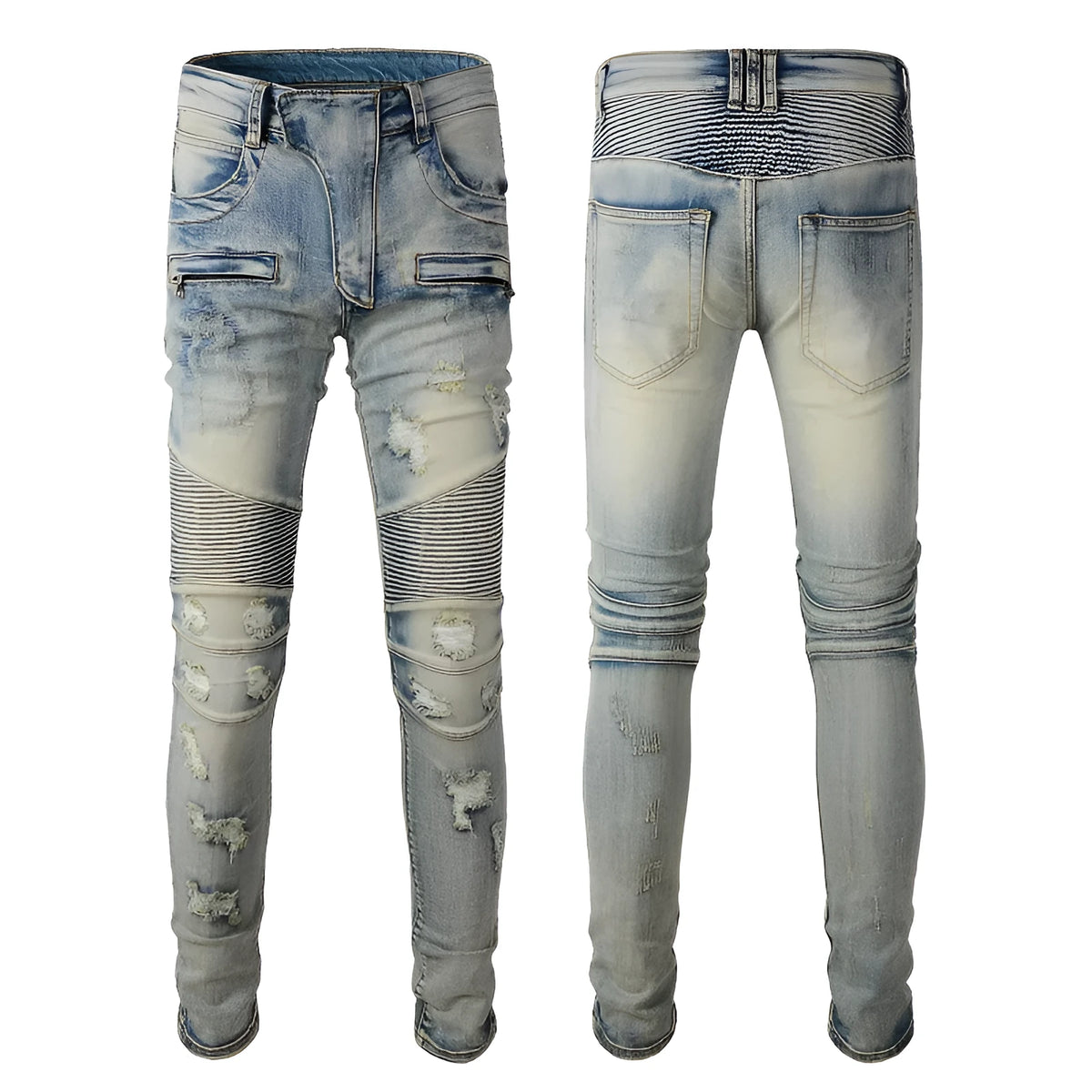 Light blue men's distressed slim fit jeans with hand-frayed details and stretch cotton denim fabric