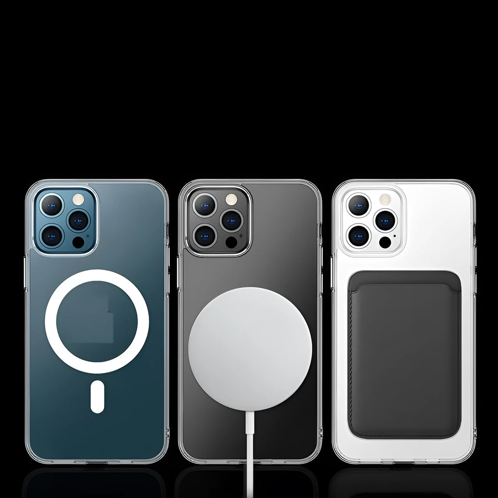 Transparent magnetic back cover phone case showing iPhone compatibility