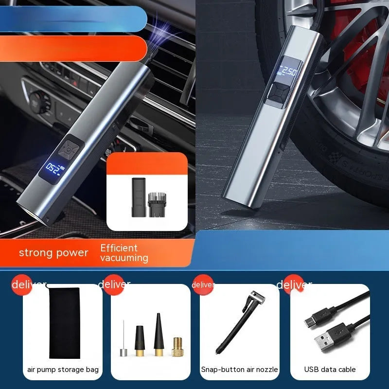 Wireless 4-in-1 car air compressor pump with digital display and LED light for tyre inflation and vacuum cleaning