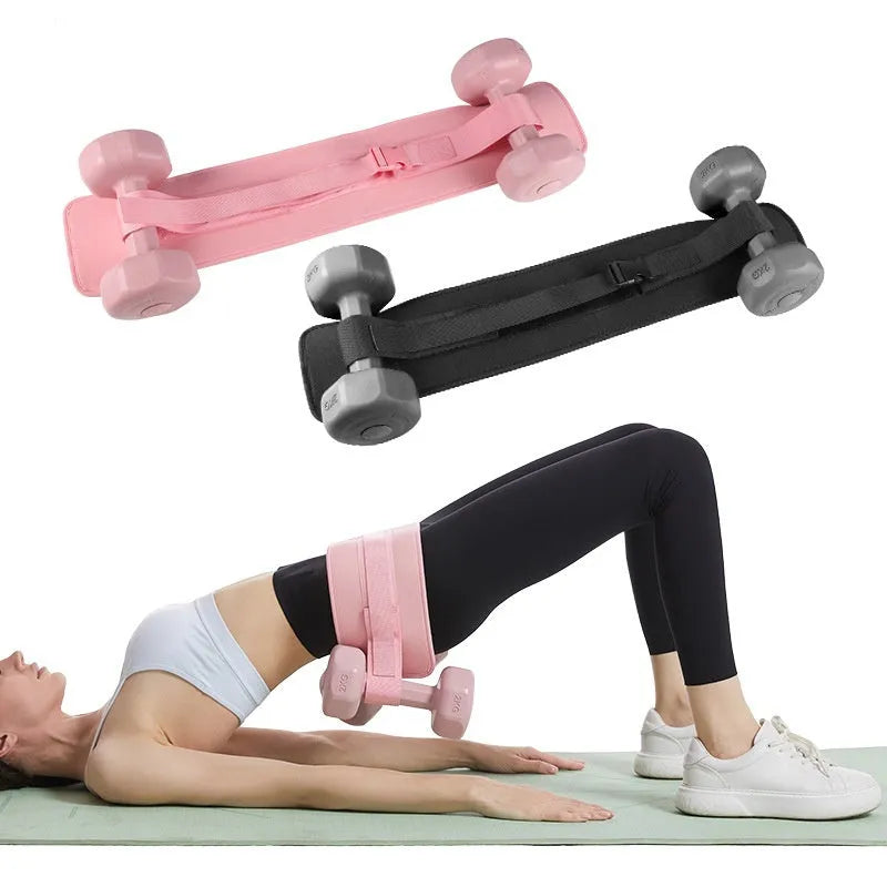 Black fitness training belt with dumbbell strap for hip bridge exercises