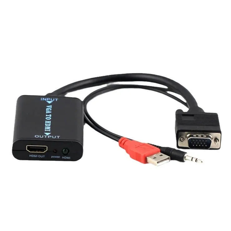 Black VGA to HDMI converter with USB cable for audio and power connection