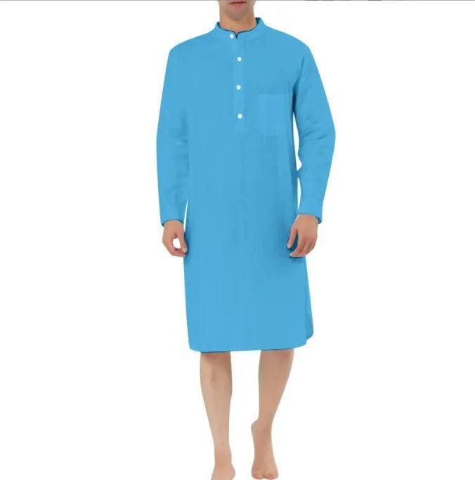 Men's cotton shirt robe with front pocket in light blue colour
