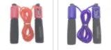 A fitness skipping rope with sponge handles, showing the 3m length and available in black, blue, green, and red colours.