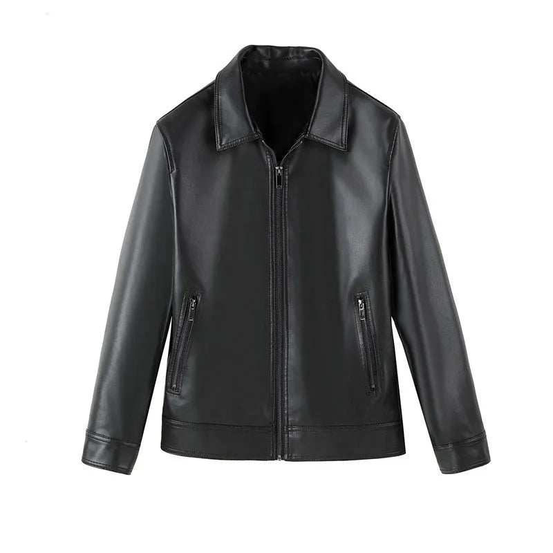 Black men's PU leather jacket with loose fit, zipper pockets, and windproof design for casual leisure wear