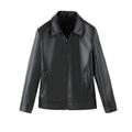 Black men's PU leather jacket with loose fit, zipper pockets, and windproof design for casual leisure wear