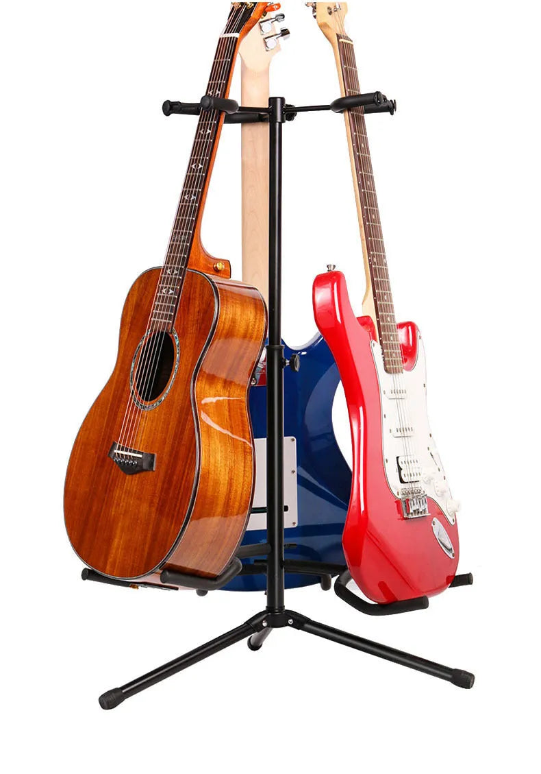 Vertical black iron guitar stand with two adjustable heads for western string instruments