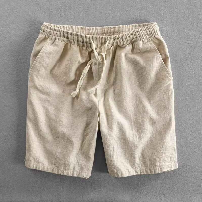 Men's ramie cotton linen blend casual shorts in straight-leg style with micro elasticity