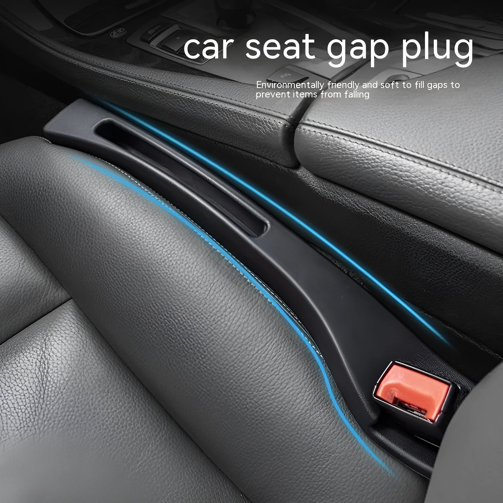 Black plastic car seat gap storage pocket with handle placed between vehicle seats.