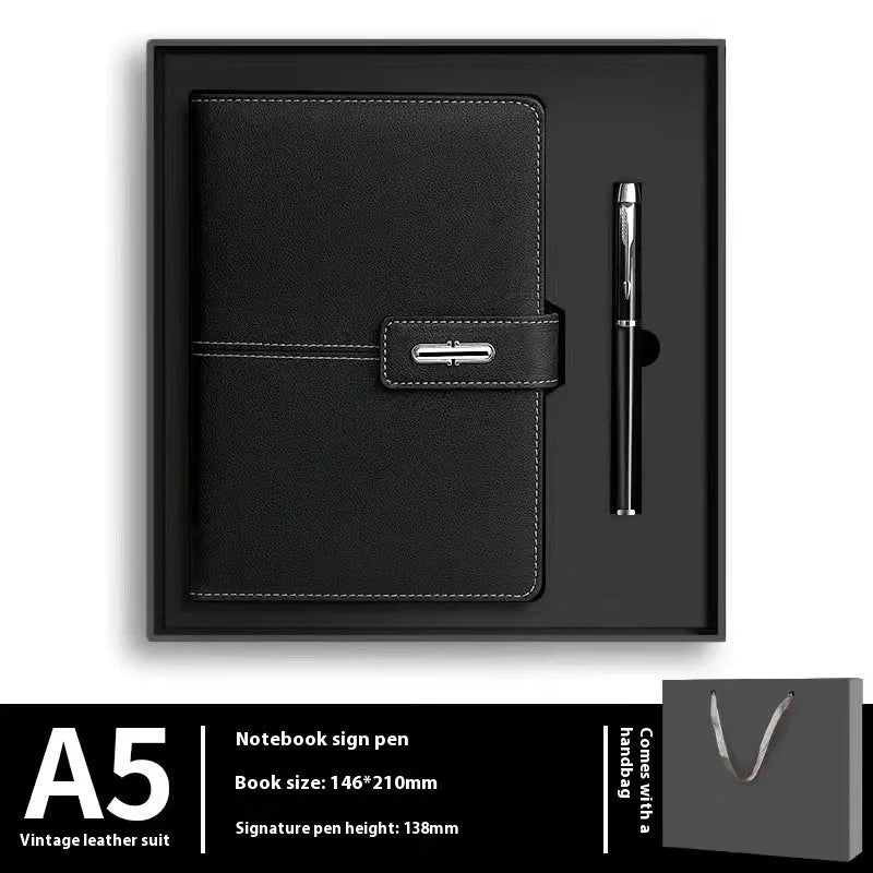 A5 notebook with a PU leather cover, open to show wood-free paper pages.