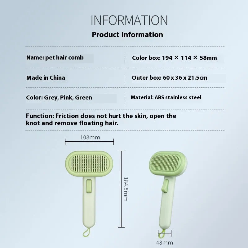 Large pet hair removal comb with one-click button in light grey colour for cat and dog grooming