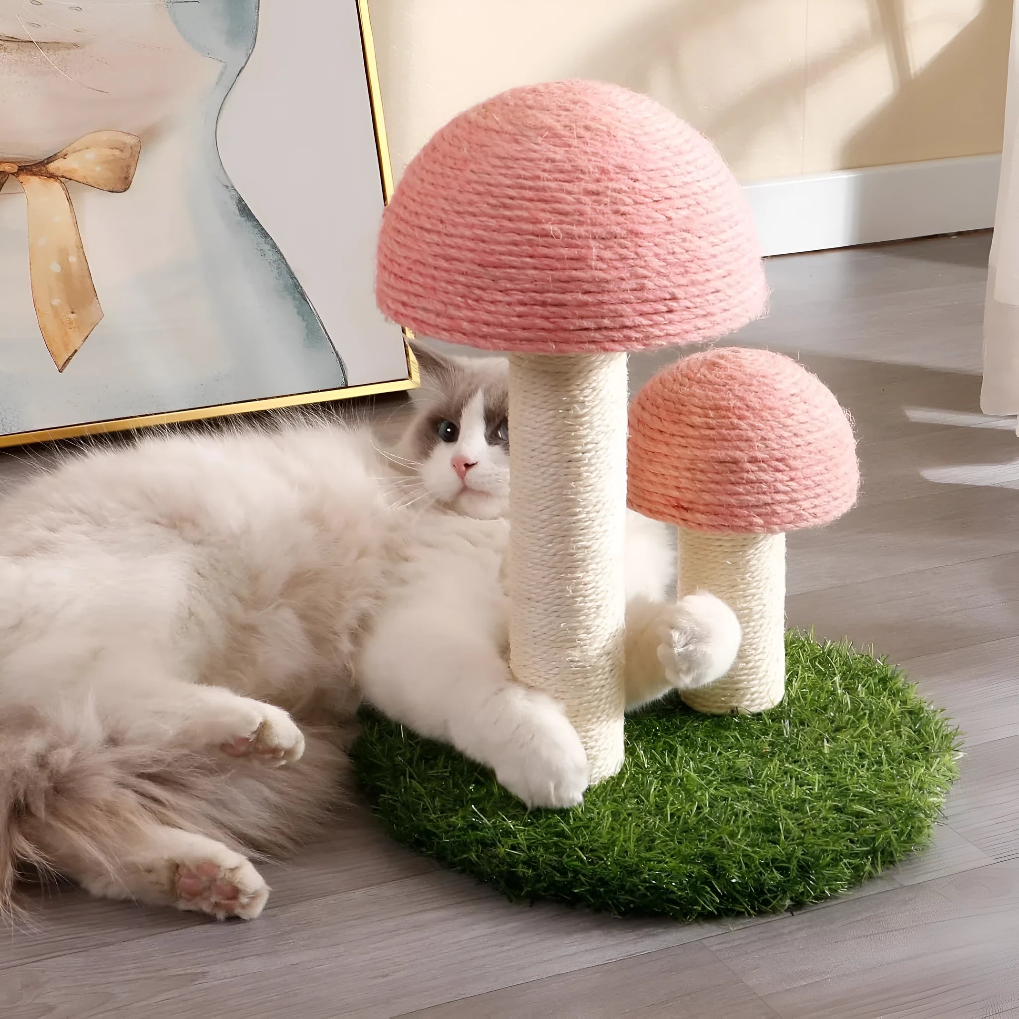 Pink mushroom cat scratching post with natural sisal pole for kittens