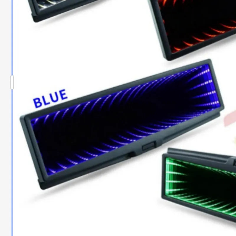 Wide 280mm flat car rearview mirror with anti-glare coating and colourful LED edge lighting in blue.