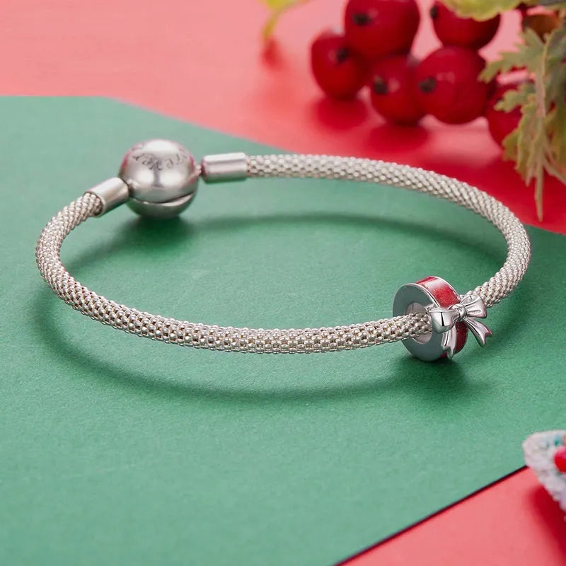 Red bow 925 silver spacer bead, 1.0cm by 0.8cm with 0.45cm aperture for DIY jewellery making