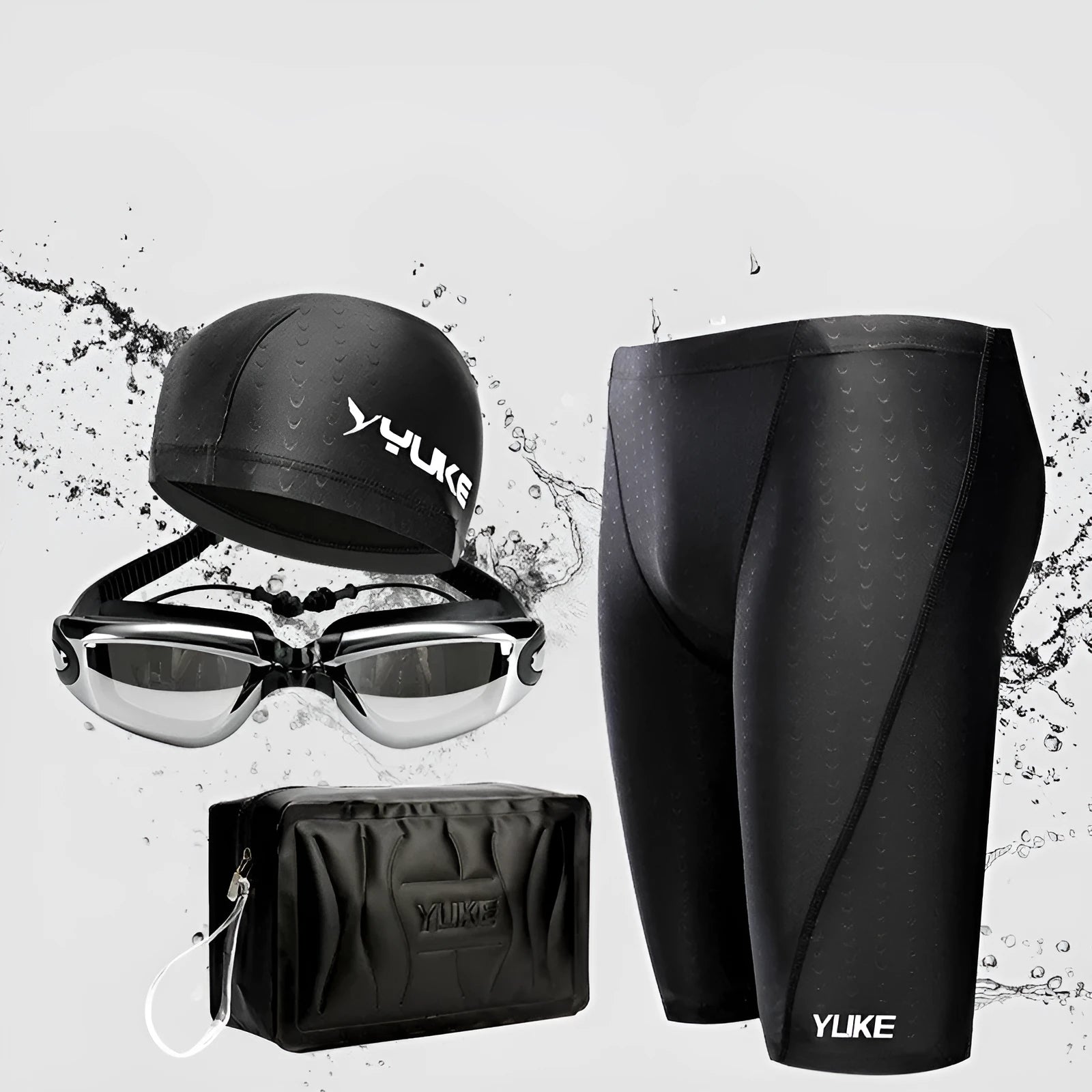 Men's black polyester swimming set with goggles, cap and mesh bag