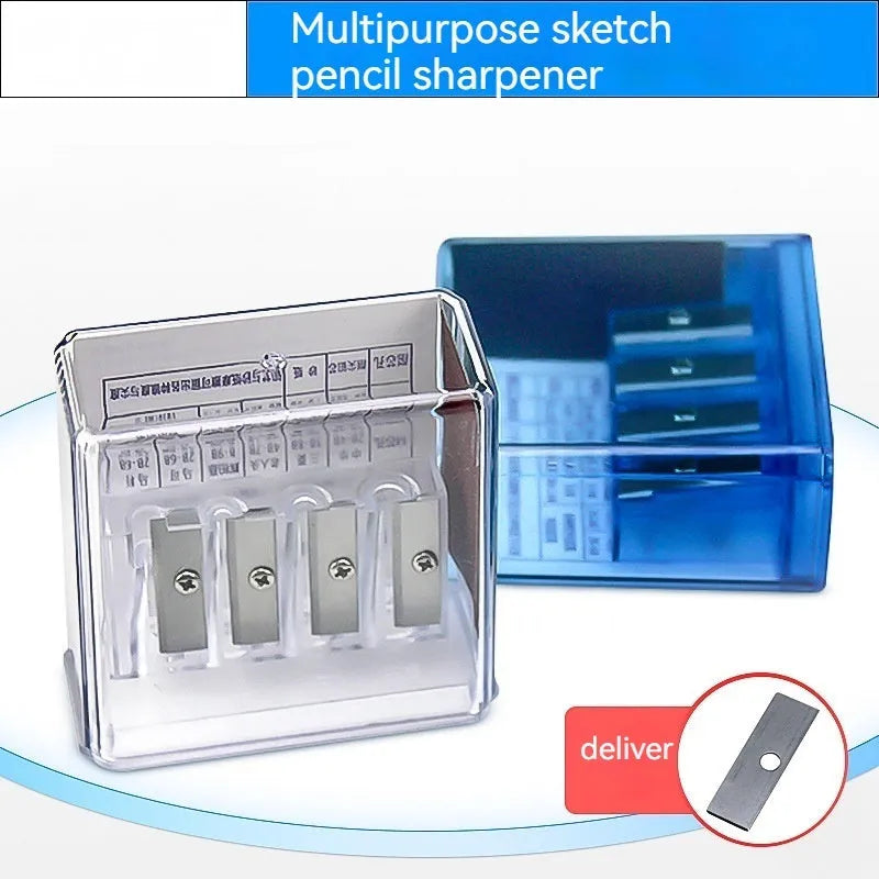 Geometric plastic pencil sharpener with four holes for different pencil sizes, includes screwdriver