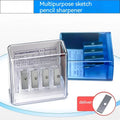 Geometric plastic pencil sharpener with four holes for different pencil sizes, includes screwdriver