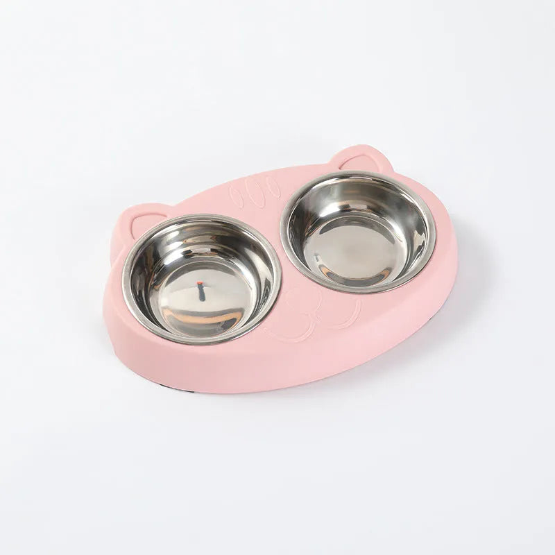 Blue, green, and pink macaron-shaped plastic double bowl pet feeding tray for cats and dogs.