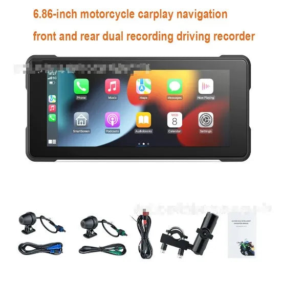 6.86-inch motorcycle CarPlay recorder with IP68 waterproof shell and dual 1080P cameras