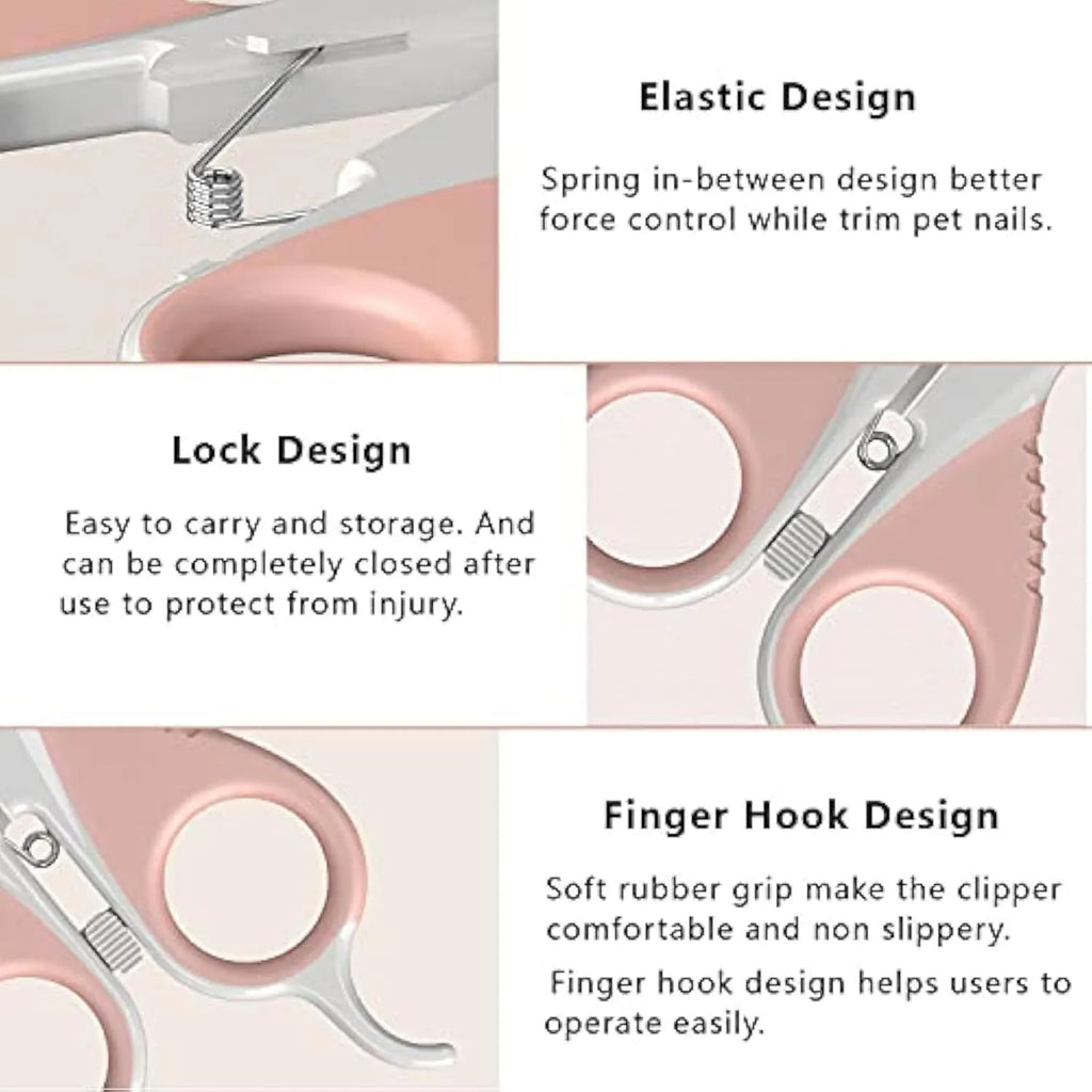 Grey and pink cat nail clippers with a safety lock and angled stainless steel blade on a non-slip rubber handle.