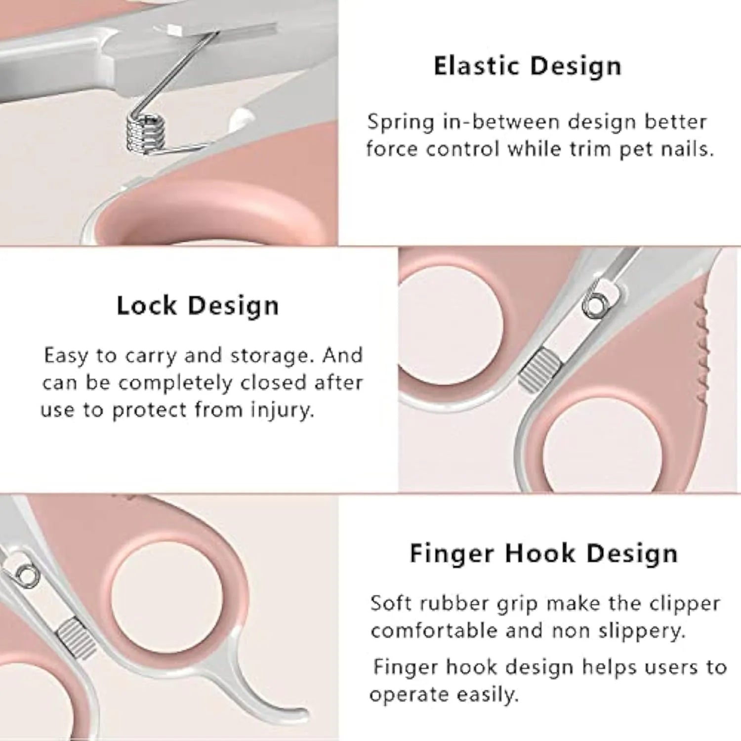 Grey and pink cat nail clippers with a safety lock and angled stainless steel blade on a non-slip rubber handle.