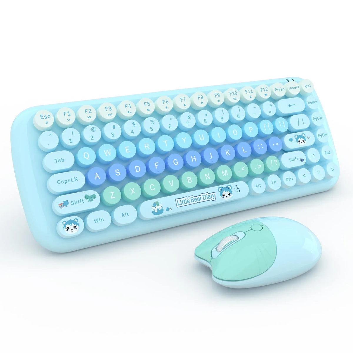 Compact pink wireless keyboard and mouse set with USB receiver on a desk
