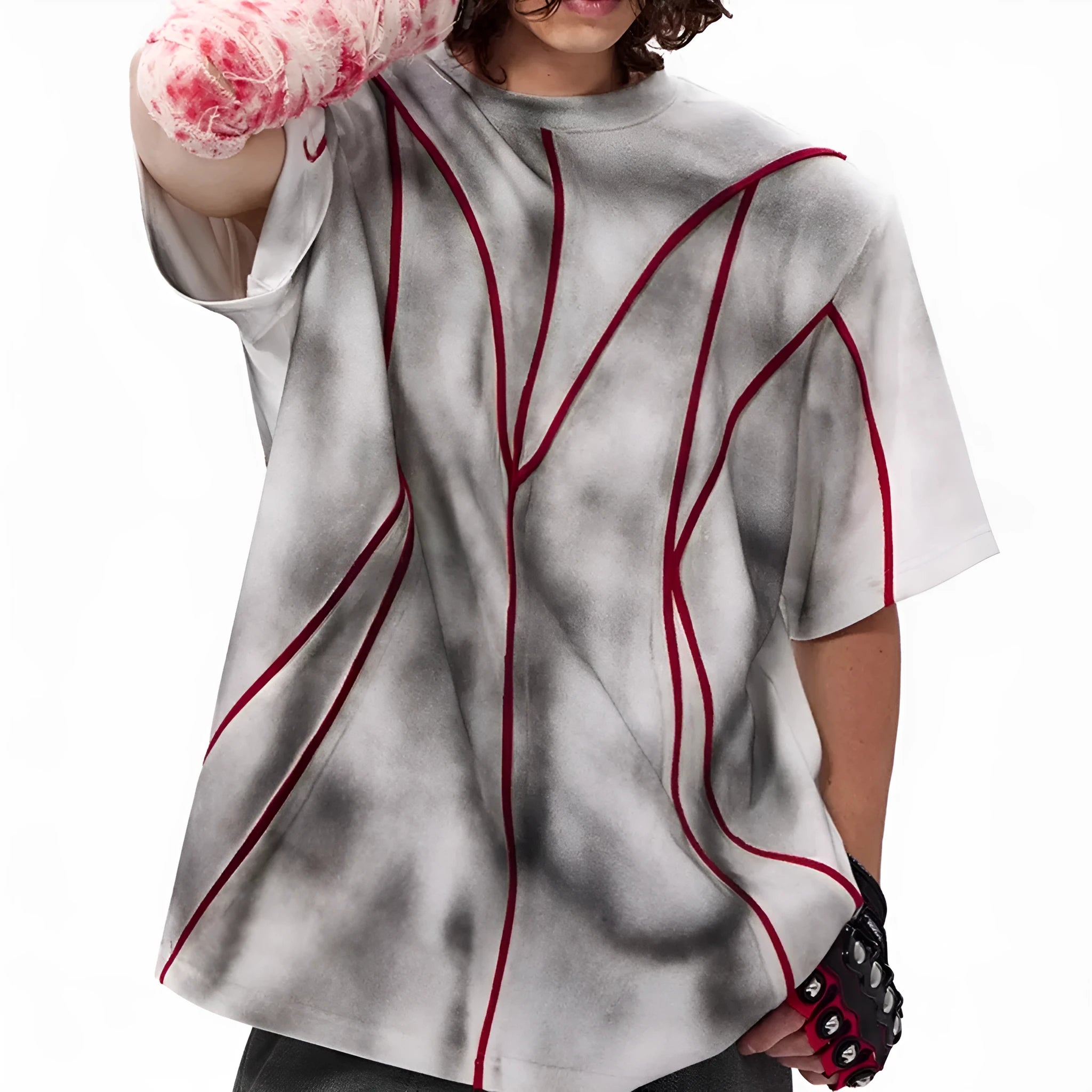 Men's T-shirt with padded shoulders and raised patchwork line detailing on front