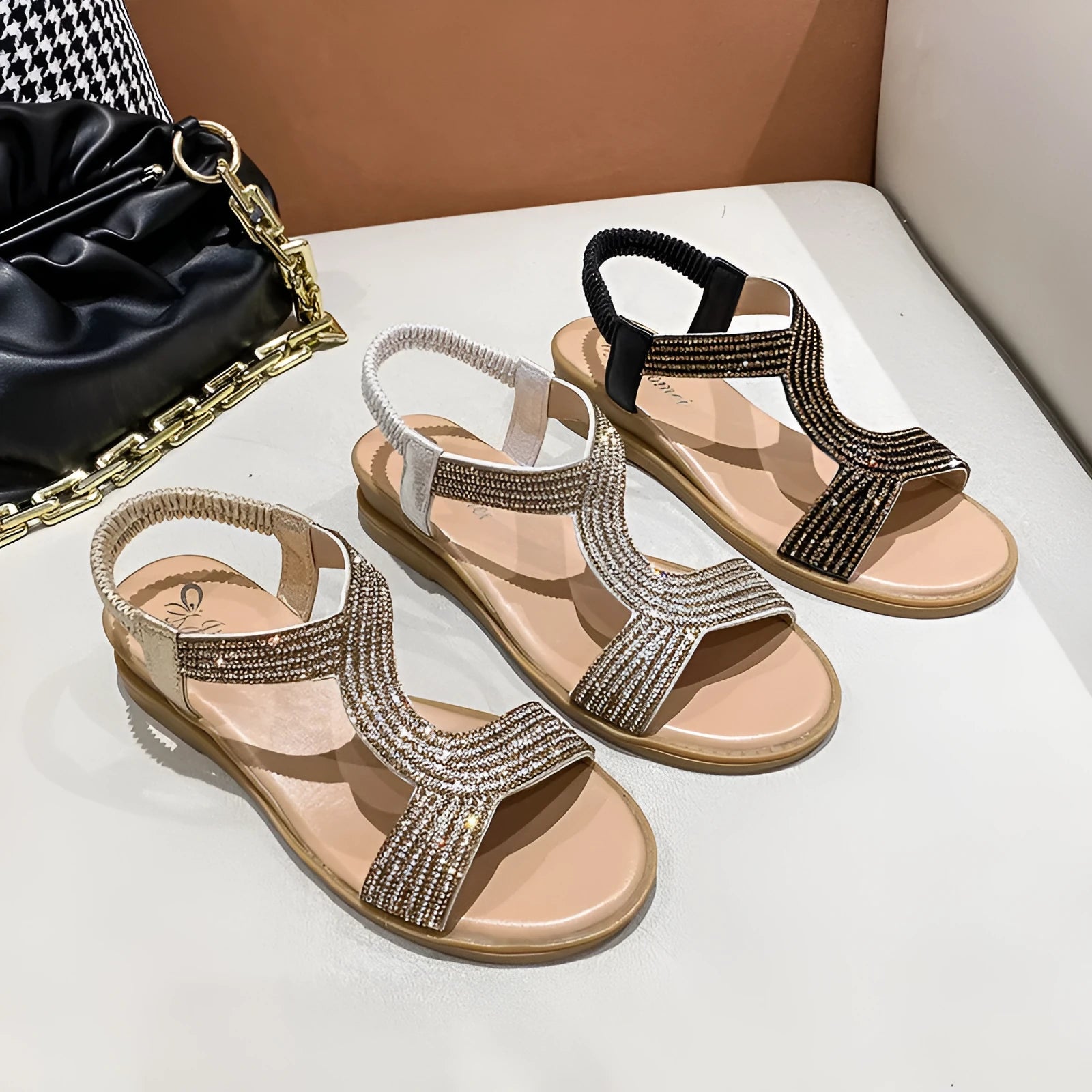 Women's patent leather summer sandals with rhinestone decoration in gold colour