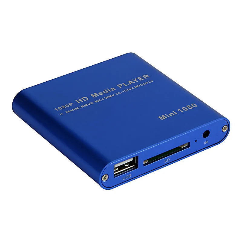 Compact black HDMI media player with USB port and remote control for 1080P video playback