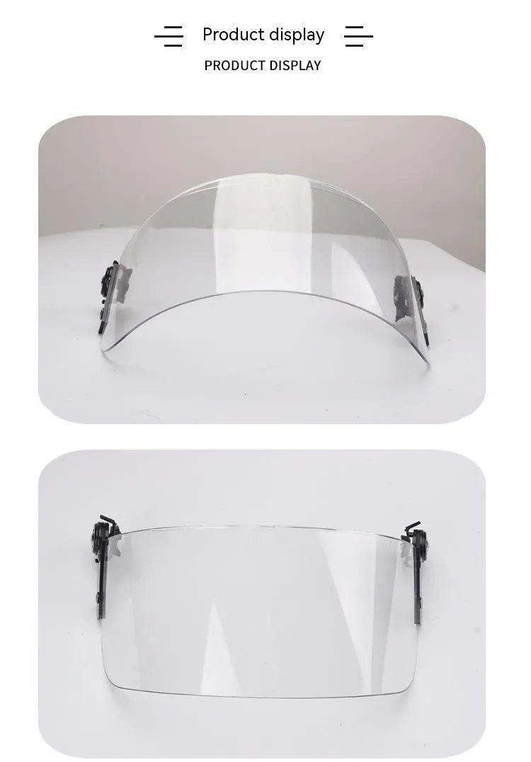 Transparent polycarbonate helmet-mounted face shield with guide rail attachment