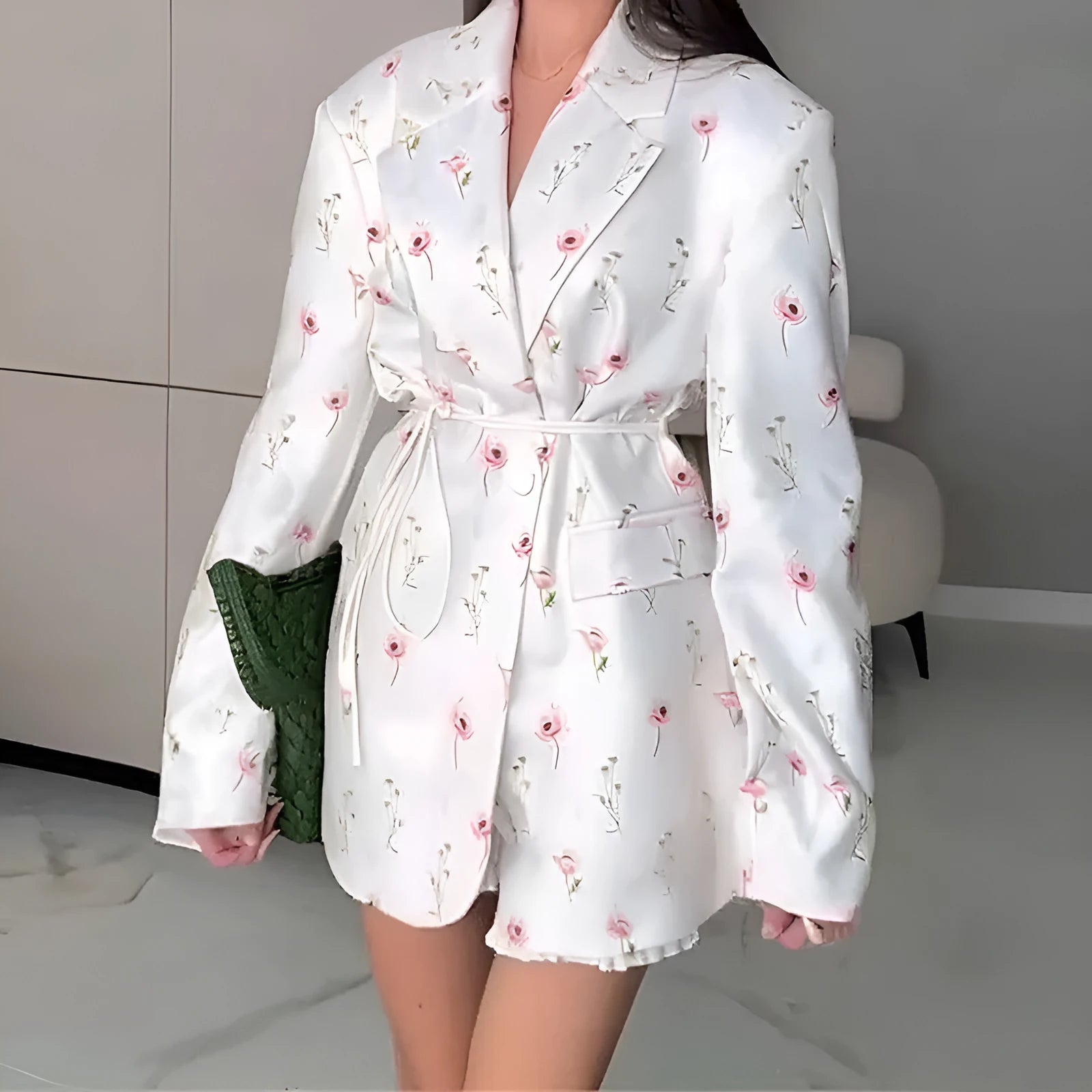 Collar lace-up waist-tight suit jacket with floral print pattern and adjustable waist