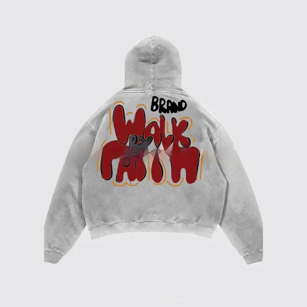 Women's granny grey hoodie with character print, front pocket, and Harajuku vintage streetwear style