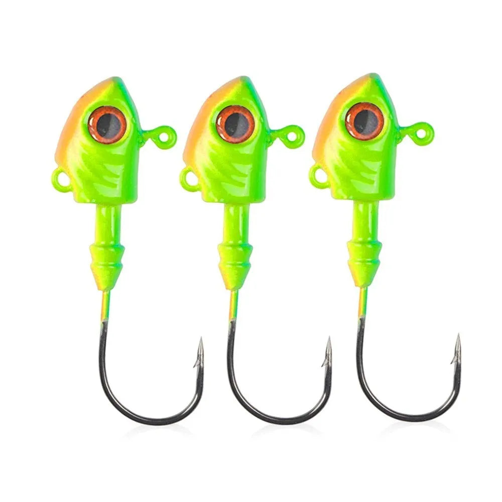 Simulation Yayu shaped lead head fishing hook lures in blue, silver, and yellow colour options.
