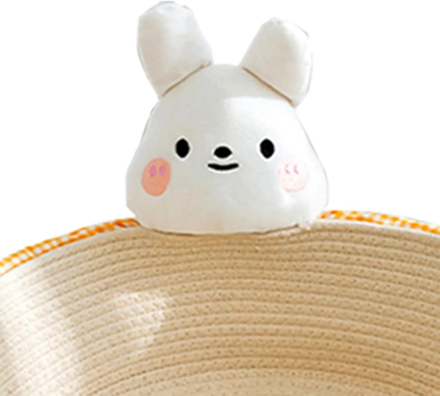 Woven cotton rope cat bed and scratcher basket in bear design, showing textured surface.
