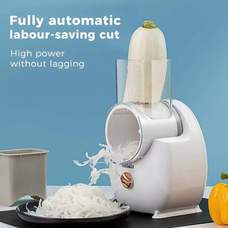 White electric vegetable slicer with rotary grater and suction base for automatic food preparation