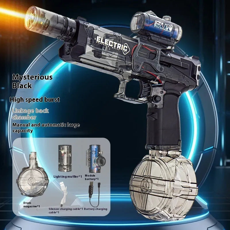 Black and blue automatic electric water pistol with LED lights, shown ready for a summer water fight.