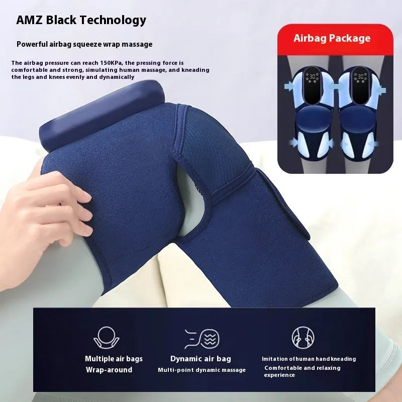 Blue self-heating knee massager wrap with adjustable straps, showing control panel.