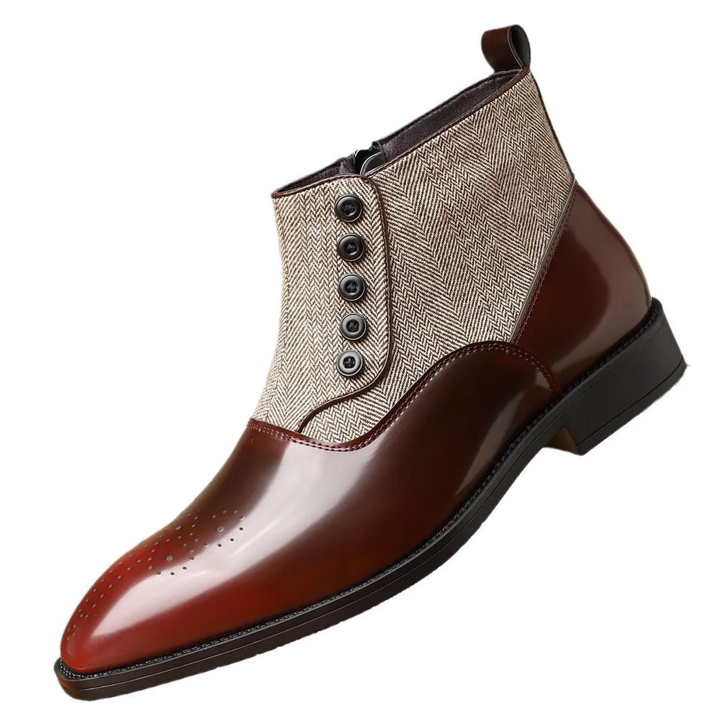 Brown and green men's retro formal shoes with side zipper, square toe, and low heel on a rubber sole.