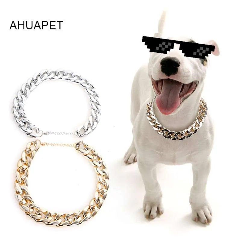 Gold colour chain dog collar with geometric design and adjustable buckle for small to medium sized pets