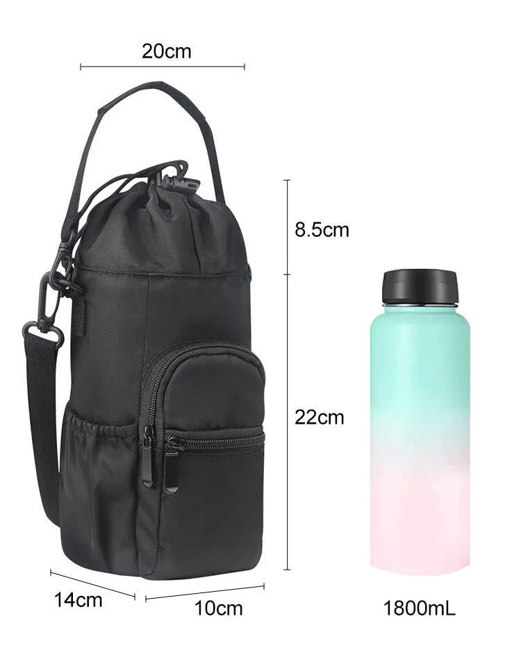 Cloth canvas water bottle pouch with a removable crossbody strap in black, green, and pink colour options.
