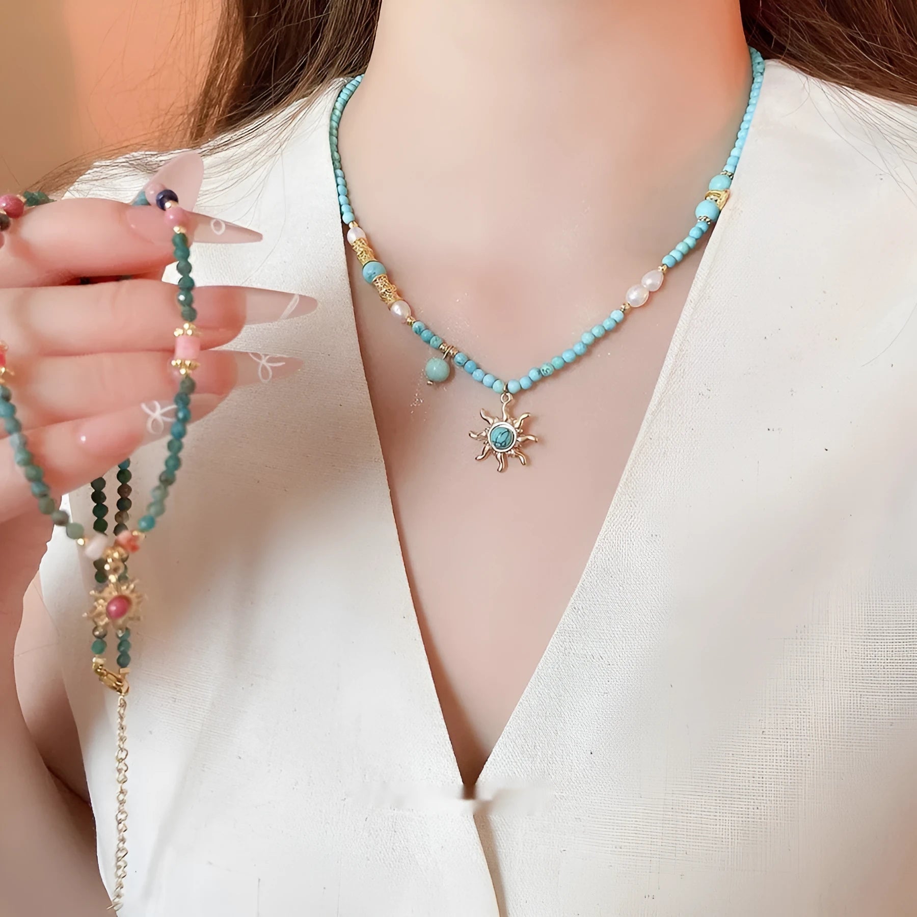Freshwater pearl necklace with geometric sun stone pendant on adjustable clavicle chain