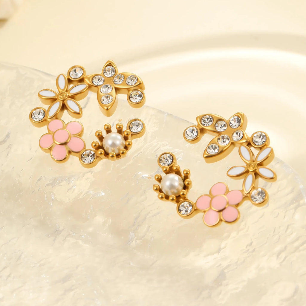 Flower stud earrings with petal design in 18K gold electroplated finish on stainless steel