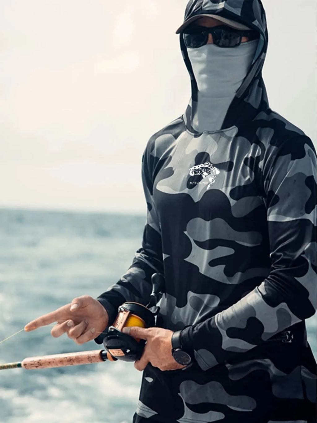 Men's grey long sleeve fishing shirt showing mesh side panels and crew neck.