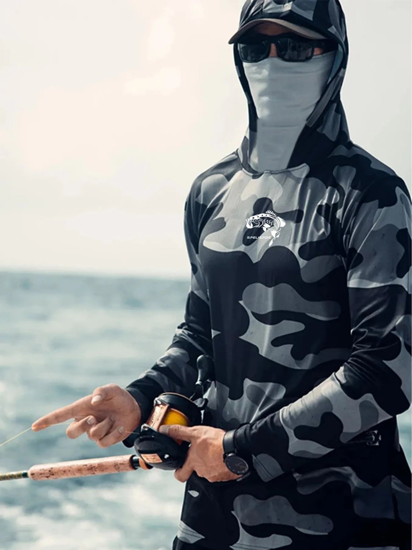 Men's grey long sleeve fishing shirt showing mesh side panels and crew neck.
