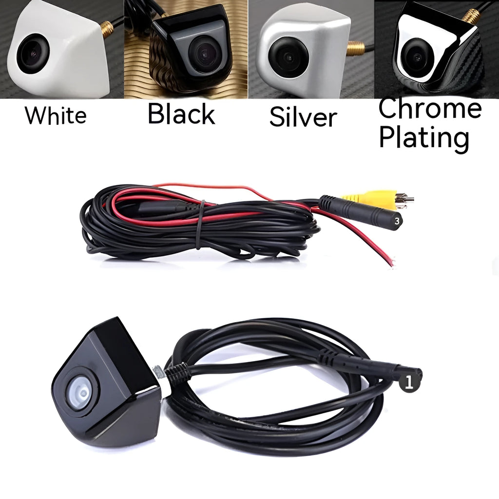 Black HD car rearview camera with screw mount and integrated cable for night vision reversing