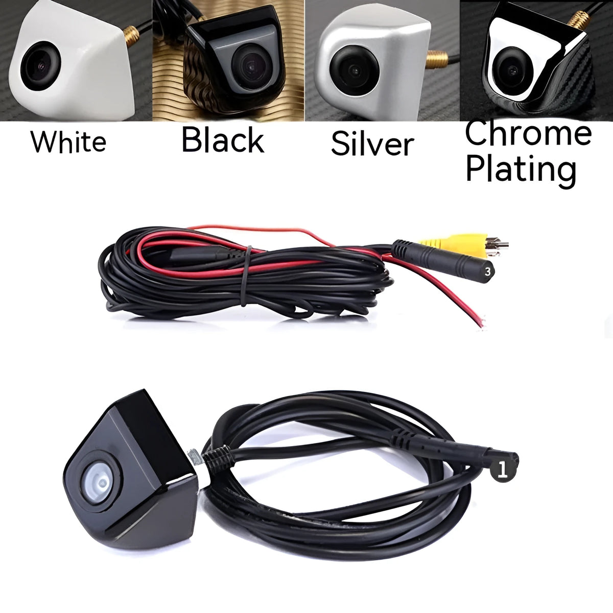 Black HD car rearview camera with screw mount and integrated cable for night vision reversing