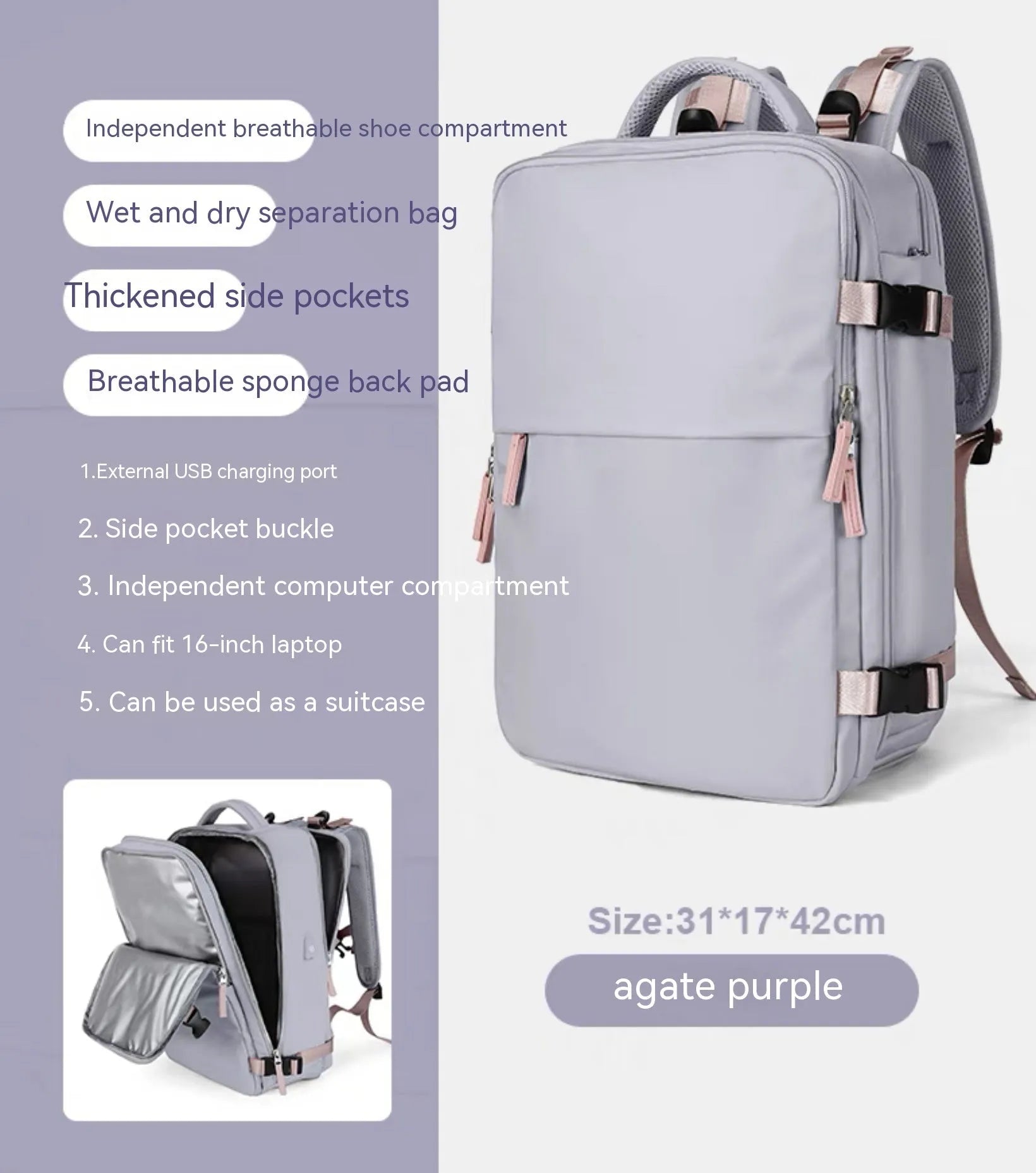 Large capacity waterproof mummy backpack in nylon available in multiple colours including black, mint green, pink, and light blue