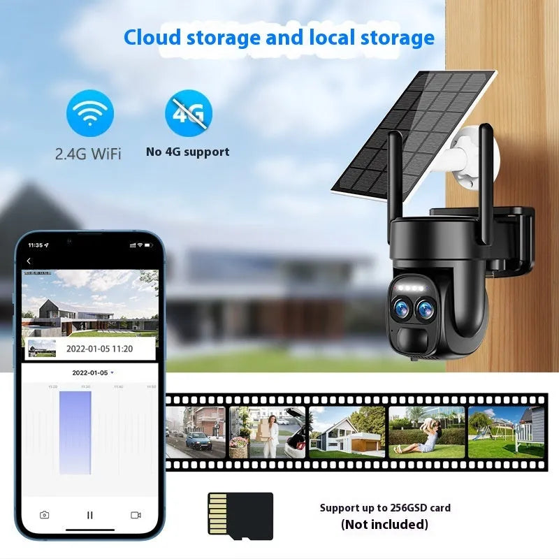 Solar-powered surveillance camera with 8x zoom lens for outdoor home security monitoring