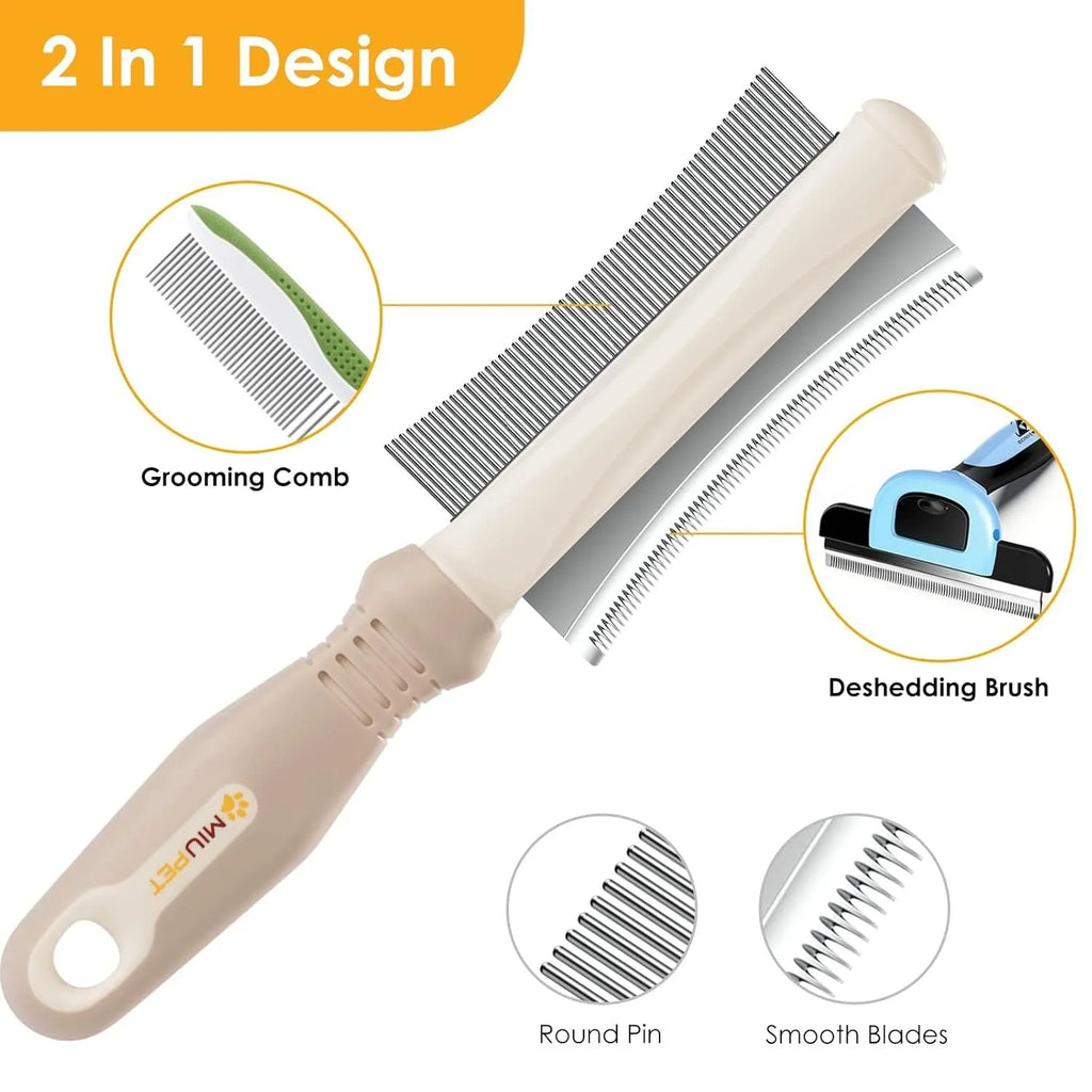 White double-sided pet grooming brush with curved comb and deshedding blades on ergonomic handle