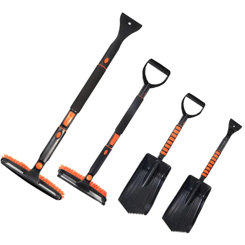 Car snow plough shovel set with ice and snow brush, telescopic rod, handle, winter snow shovel head, and plastic shovel